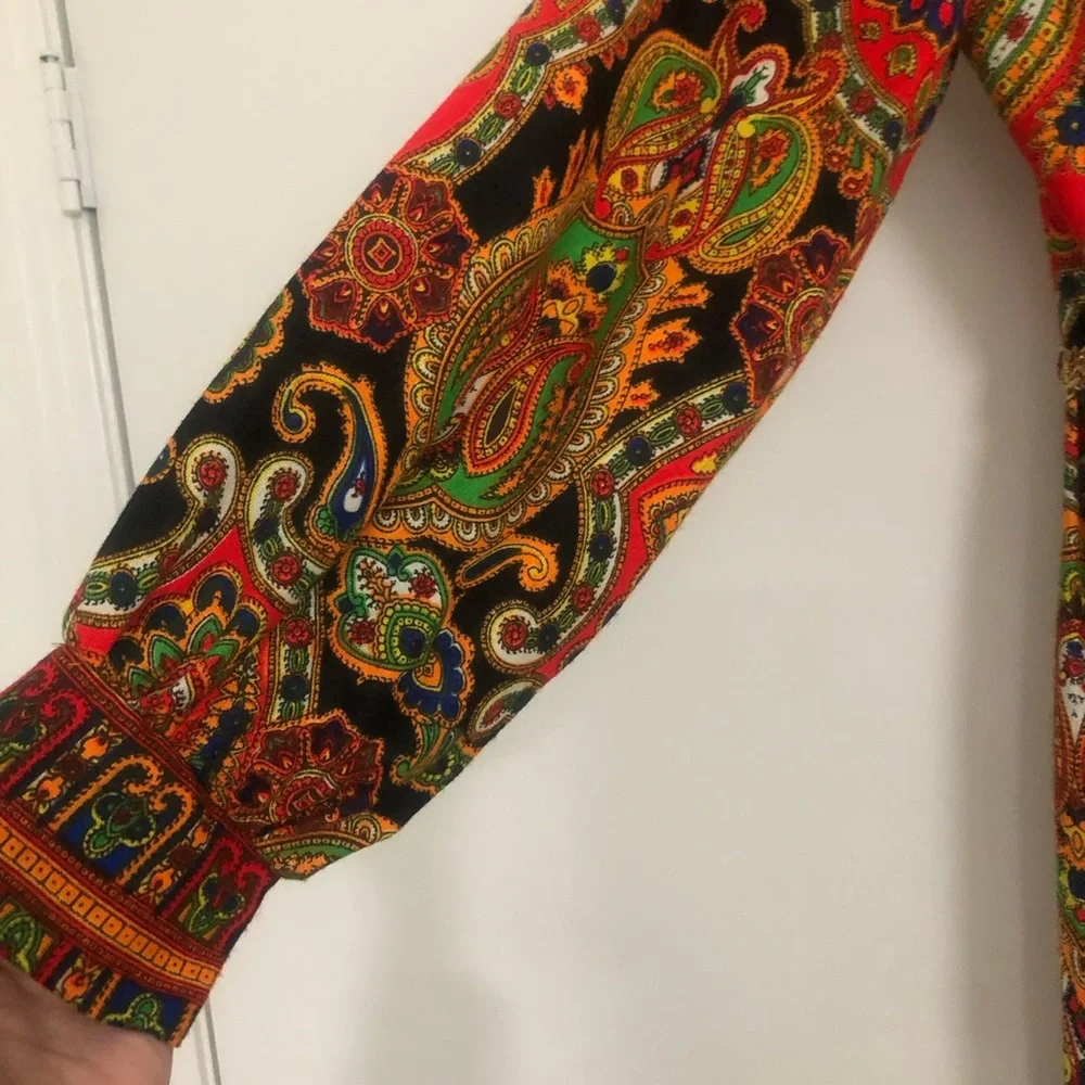 Vtg Jumpsuit 60s 70s Psychedelic Paisley Palazzo Leg Gold Rick Rack Trim S-XS - Picture 6 of 12